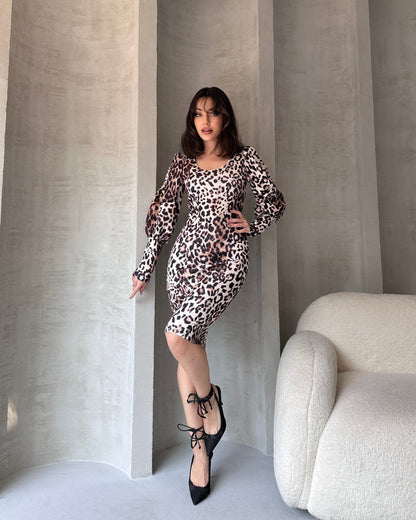 Leopar Desenli Midi Boy Elbise