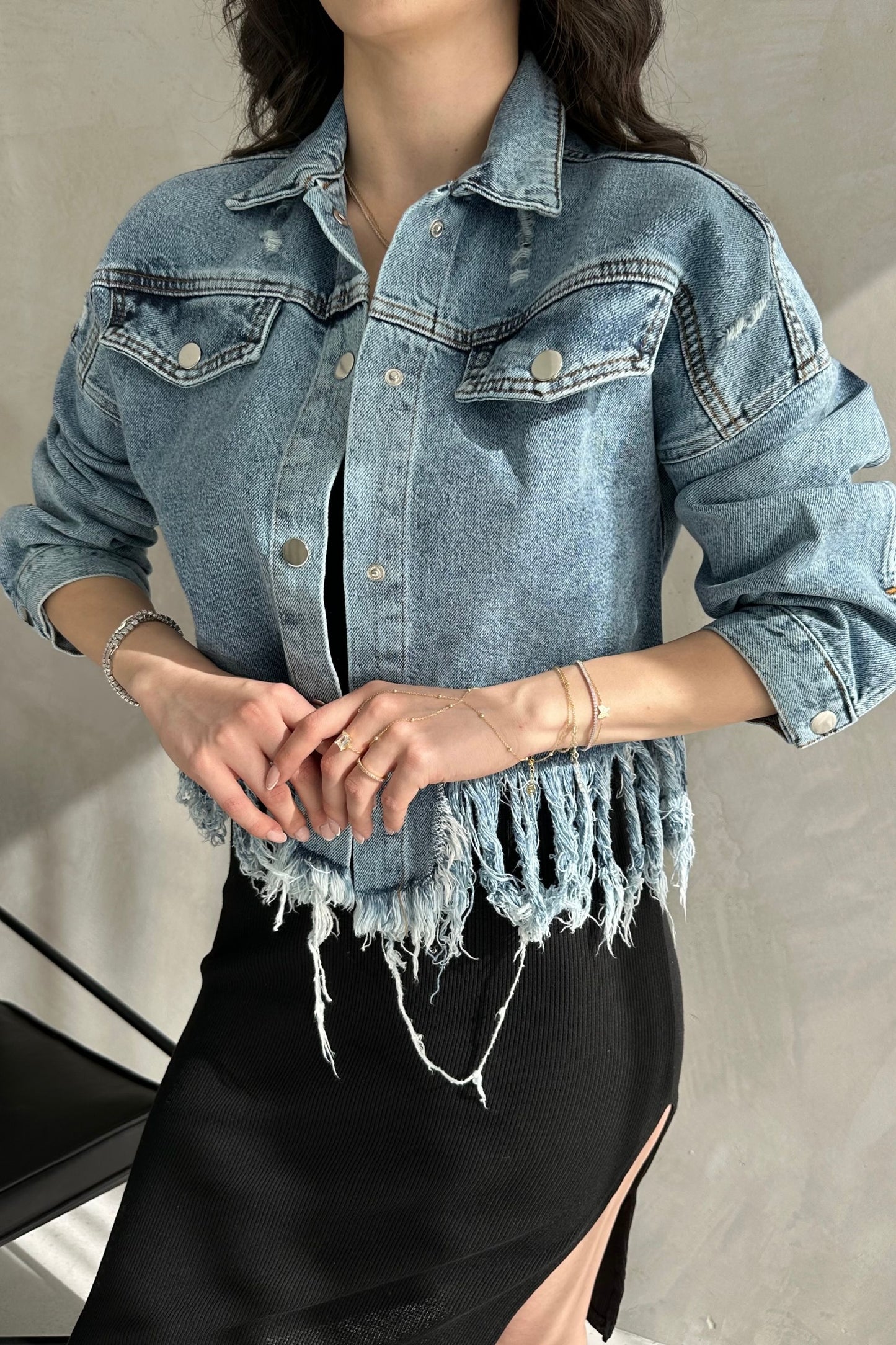 Püskül Detaylı Denim Crop Ceket