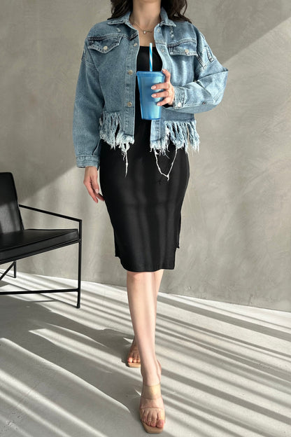 Püskül Detaylı Denim Crop Ceket