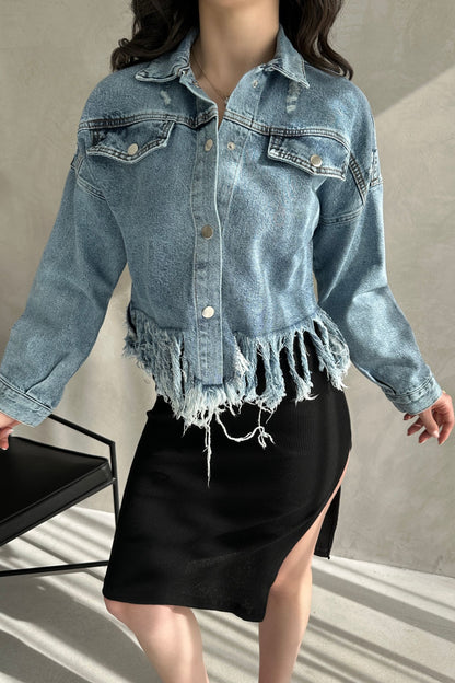 Püskül Detaylı Denim Crop Ceket
