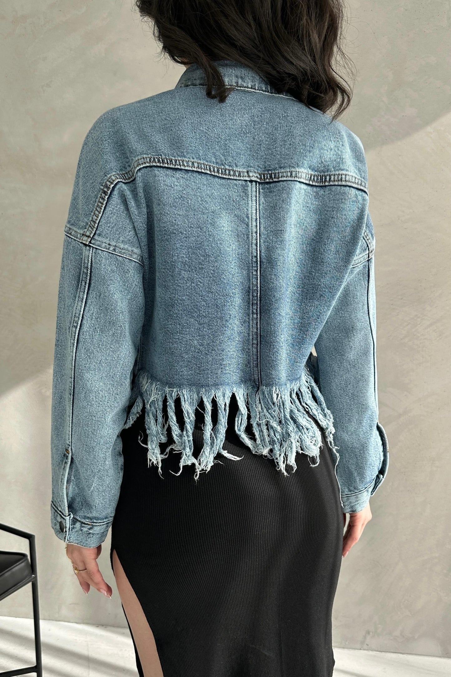 Püskül Detaylı Denim Crop Ceket