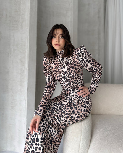 Sırt Dekolteli Leopar Desenli Elbise