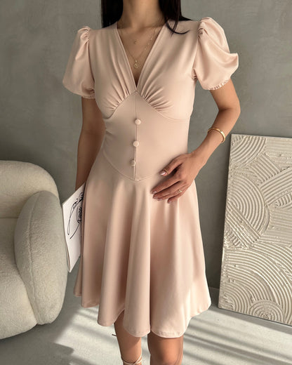 V Yaka Düğme Detaylı Karpuz Kol Crep Elbise