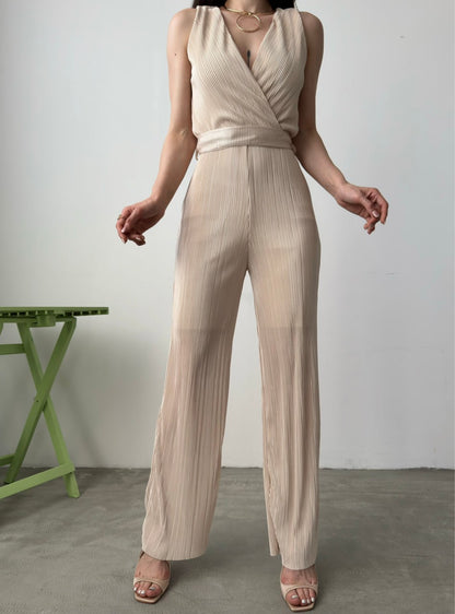 V Yaka Kuşaklı Krinkle Tulum