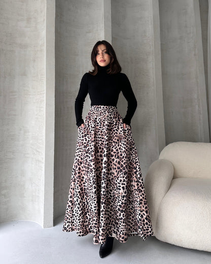 Yüksek Bel Leopar Desenli Çan Etek