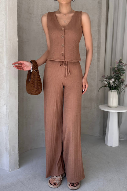 Yüksek Bel Rahat Pantolonlu Kolsuz Yelekli Takım
