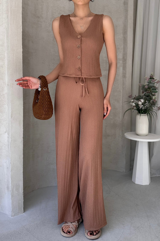 Yüksek Bel Rahat Pantolonlu Kolsuz Yelekli Takım