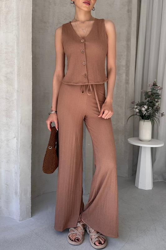 Yüksek Bel Rahat Pantolonlu Kolsuz Yelekli Takım
