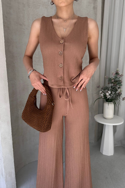 Yüksek Bel Rahat Pantolonlu Kolsuz Yelekli Takım