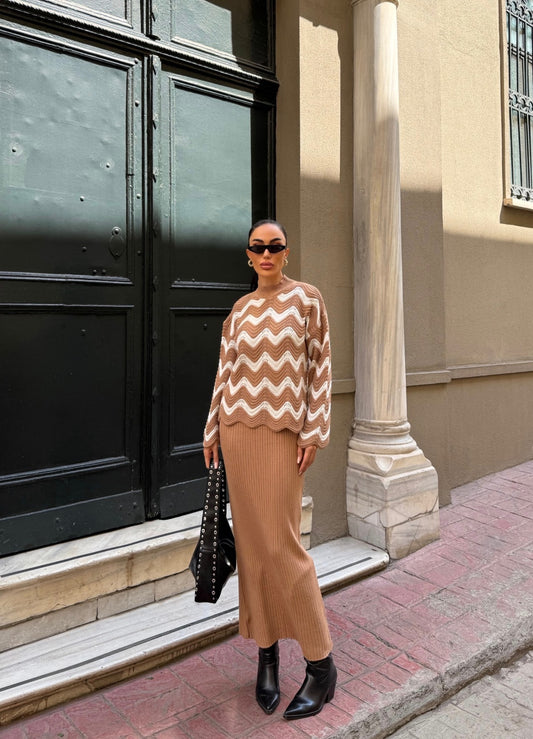 Zigzak Desenli Kazak Ve Elbise Triko Takım